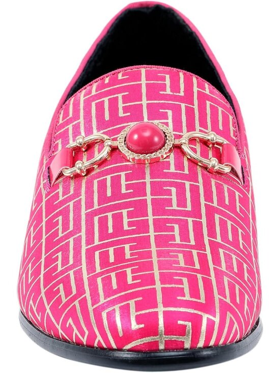 Amali Men\'s Hot Pink Geometric Print Loafers Gold Buckle Slip On Wedding Shoes